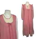 Vintage Pink Lace Ruffled Long Nightgown Lingerie Peignoir Set / Small