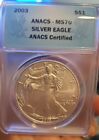 2003 SILVER EAGLE MS70 ANACS S$1 RARE DATE LOW MINTAGE BLUE LABEL MINT STATE 70