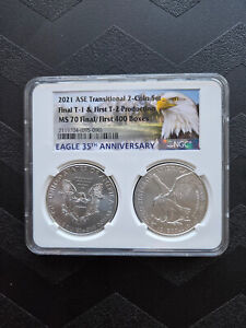 2021 $1 Silver Eagle Final Type 1 & First T-2 NGC MS 70 Transitional 2 Coin Set