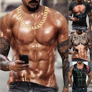 Men 3D Muscle Tattoo Print T-Shirt Short-Sleeve Digital Printing Shirts Tops Tee