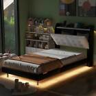 Twin Upholstery Platform Bed Frame W/LED Light Strips Headboard & Two USB 42AAB