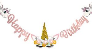 Rose Gold Unicorn Happy Birthday Banner, Unicorn Birthday Party Decorations f...