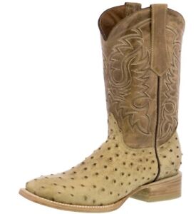 Mens Cowboy Western Boots Sand Ostrich Print Leather Sizes 6.5, 7.5, 10, 12.5