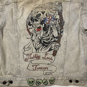 Vintage LEVIS Denim Trucker Jacket Grim Reaper Skulls Art USA 70507 Mens Size L