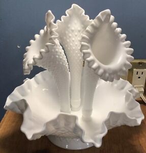 New ListingVintage FENTON Diamond Lace Hobnail Epergne Milk Glass 3-Horn Flower Centerpiece