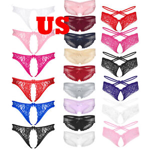 US Men Sissy See-through Lace Crotchless Thong Briefs Bowknot T-back Underwear