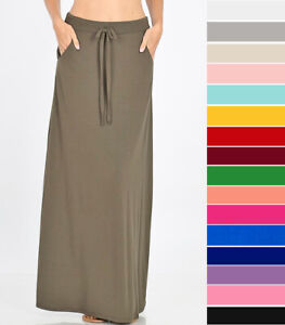Women's Maxi Skirt Soft Stretch Knit Drawstring High Waist Casual Basic Solids