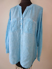 TALBOTS Plus 1X Long Roll Tab Sleeve Blue 100% LINEN Pullover 1/4 Button Top
