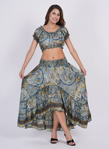 Women's Boho Printed Two Piece Crop Top & High Low Skirt Set - Assorted 05 pcs