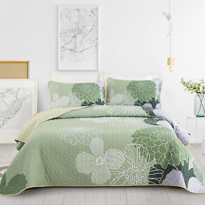 Floral Quilt Set Queen Green Botanical Bedding Bedspread 3Pc Microfiber Coverlet