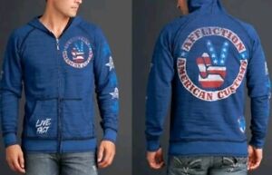 Affliction American Custom PEACE Hoodie 2x Jacket Reversible Skull Flag Blue