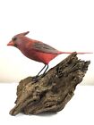 Vintage Wood Bird Carving on Driftwood, Wooden Male Cardinal, James C. Powers