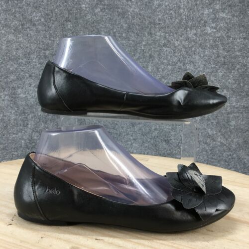 Bolo Shoes Womens 8.5 Ballet Flats Slip On Black Leather Casual Comfort Flower
