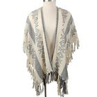 Gray & Cream Tassel Fringe Tribal Poncho Scarf Wrap with Open Sides ONE SIZE