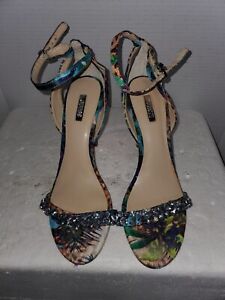 Guess floral Cheetah Colorful Rhinestone Strap Stiletto heels 9M Open Toe Prom