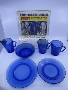 Shirley Temple Cobalt Blue Glass Bowl And Pitchers  Vintage Hazel Atlas Lot