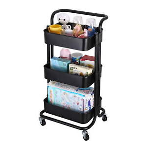 3-Tier Metal Rolling Utility Cart Multi-function Organizer Shelf Kitchen Black