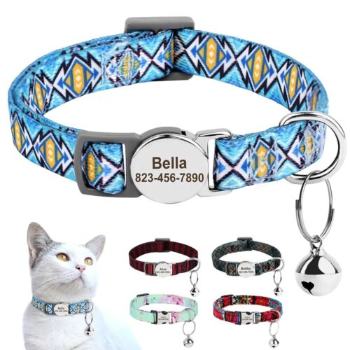 Breakaway Personalized Cat Collar Bell Engraved Name ID Tag Adjustable Kitten