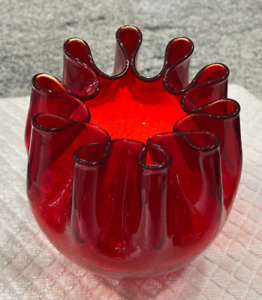 New ListingRed Pilgrim Glass *Vintage Hand-blown Crackle Glass Vase* Ruffled* Pontil