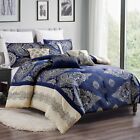 HIG 7 Pieces Jacquard Floral Comforter Set Blue Block Patchwork Bed in Bag