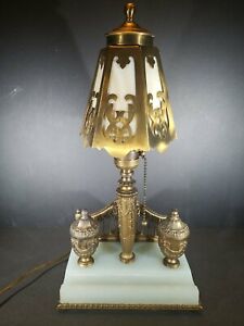 Antique Inkwell lamp with Slag glass shade 14.5 in tall 7.5 x 5 in base 