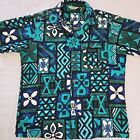 Vintage Barkcloth Hawaiian Shirt Mia Fashions 60s 70s Blue Geometric Men's L USA