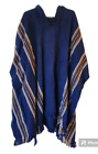 Peruvian Blue With Brown Stripes Alpaca Wool Hooded Sweater Poncho OS