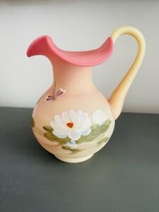Fenton Burmese Pitcher Water Lily & Dragonfly Wagner Signed yellow & pink