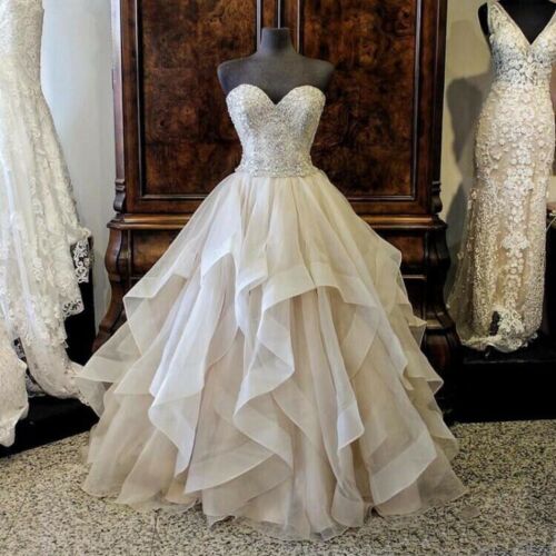 Organza Wedding Dresses Beaded Strapless Ruffles Sweep Train A Line Bridal Gowns