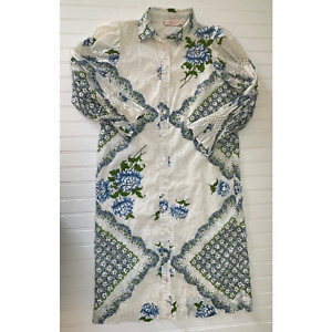 Tory Burch Floral Print Smocked Trim Cotton Poplin Shirt Dress - Size Women's 4