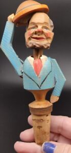 Vintage Hand Carved Painted MECHANICAL MAN Tipping HAT CORK Wine Bottle Stopper
