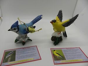Set of 2 Danbury Mint Bird Christmas Ornaments Blue Jay and Goldfinch 2012