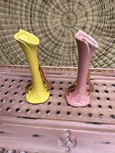 New ListingVintage Roseville Pottery Pink  Yellow With Gold Bud Vases 1940s Mint Pair 6.5”