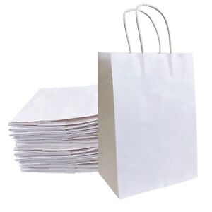 100 White Kraft Paper Gift Bags with Handles Packaging Retail Merchandise Bag