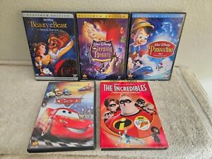 Kids Animated Disney/Pixar DVD Lot of 5 - Pinocchio/Sleeping Beauty/Beast/Cars