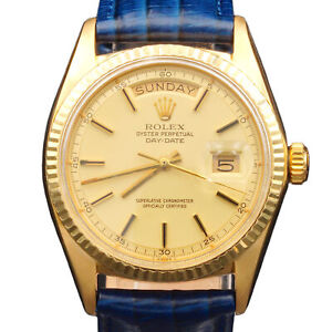 Mens Rolex Day-Date 1803 Solid 18K Yellow Gold Watch Champagne Dial Blue Band