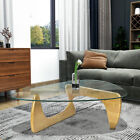 Modern Coffee Table Wood Base Triangle 12mm Clear Glass Top Side End Table