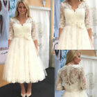 A Line Short Lace Wedding Dresses 3/4 Sleeveless lace Appliques Tea Length Plus
