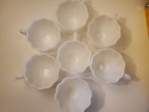 7 Vintage Hazel-Atlas White Milk Glass Swirl Open Handle 6 oz Punch Cups