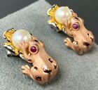 Lucky Frog Vintage Earrings Pearl Sterling Silver Estate Fine Jewelry Pre-Owned