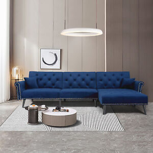 L-Shaped Velvet Sectional Sofa Bed Sleeper Couch Reversible Armrest Living Room