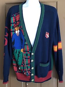 Large Vintage Hathaway 100% Cotton Cardigan Mens Sweater Handknit Golf Novelty
