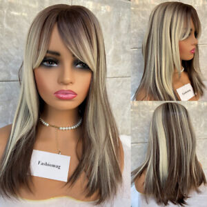 Long Straight Blonde Mix Brown Human Hair Blend Heat Ok Wigs With Bangs Women