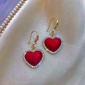 Fashion Gold Red Ball Heart Crystal Earrings Women Drop Dangle Jewelry Xmas Gift
