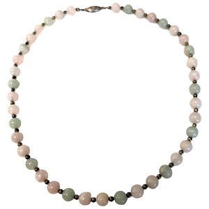 Jade & Rose Quartz Beads Necklace Pink Green Stones Silver Hook Clasp Vintage