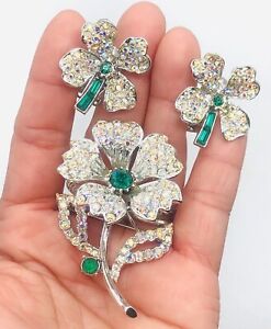 RARE Vtg JOMAZ Mazer? Green AB Clear Rhinestones Flower Brooch Earrings Set