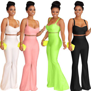 Summer Sexy Women Solid Color Lowcut Spaghetti Strap Club Wide Leg Outfits Party