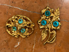Vintage SET LOT 2 ART NOUVEAU Brooch Pins GOLD FLOWER FLORAL BLUE RHINESTONES EU