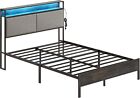 New ListingBed Frame Bed with Charging Station and LED Light Strip Upholstered Headboard