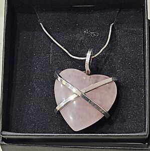 Vintage Sterling Silver Rose Quartz Love Heart Swirl Embraced Pendant Necklace